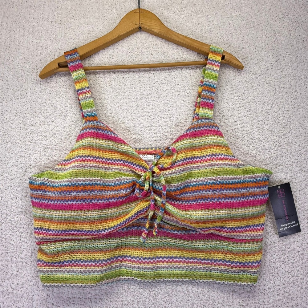 No Boundaries Crop Top Colorful Striped Lace Up Sleeveless‎ Top Size XXXL
